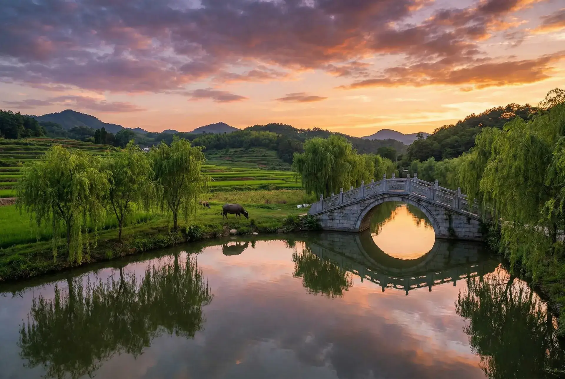 夕阳下的石拱桥与垂柳，水牛在河边吃草 - 午夜dj影院免费直播观看 乡村美景